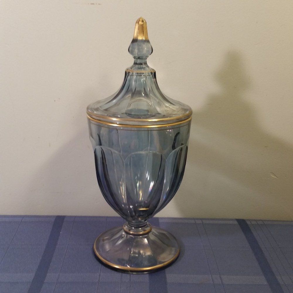 Vintage HEISEY RECESSED PANEL Light Blue Glass CANDY JAR